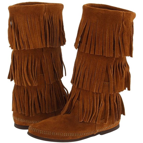 MINNETONKA Brown Suede Three Layer Fringe Boots - Picture 2 of 12